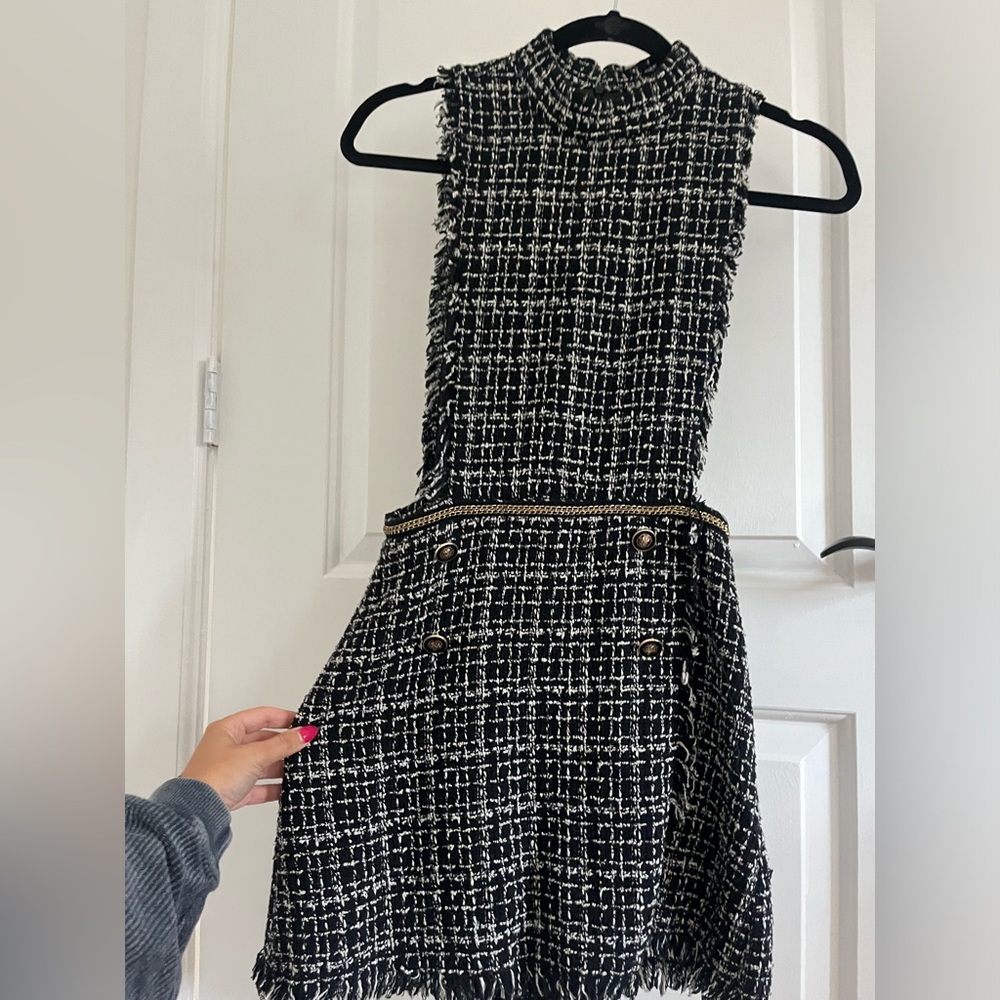 ZARA Sleeveless Black & White Tweed Romper with Chain Waist